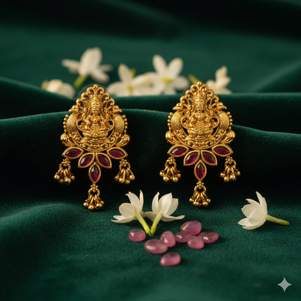 Heritage Laxmi Carved Earrings | Premium Antique Gold Plated Temple Style : V-1657