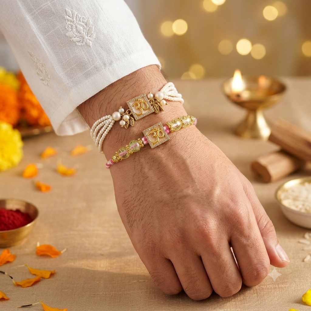 Divine Om Gold-Plated Rakhi Combo – Set Of 2 : MJRAKHI04