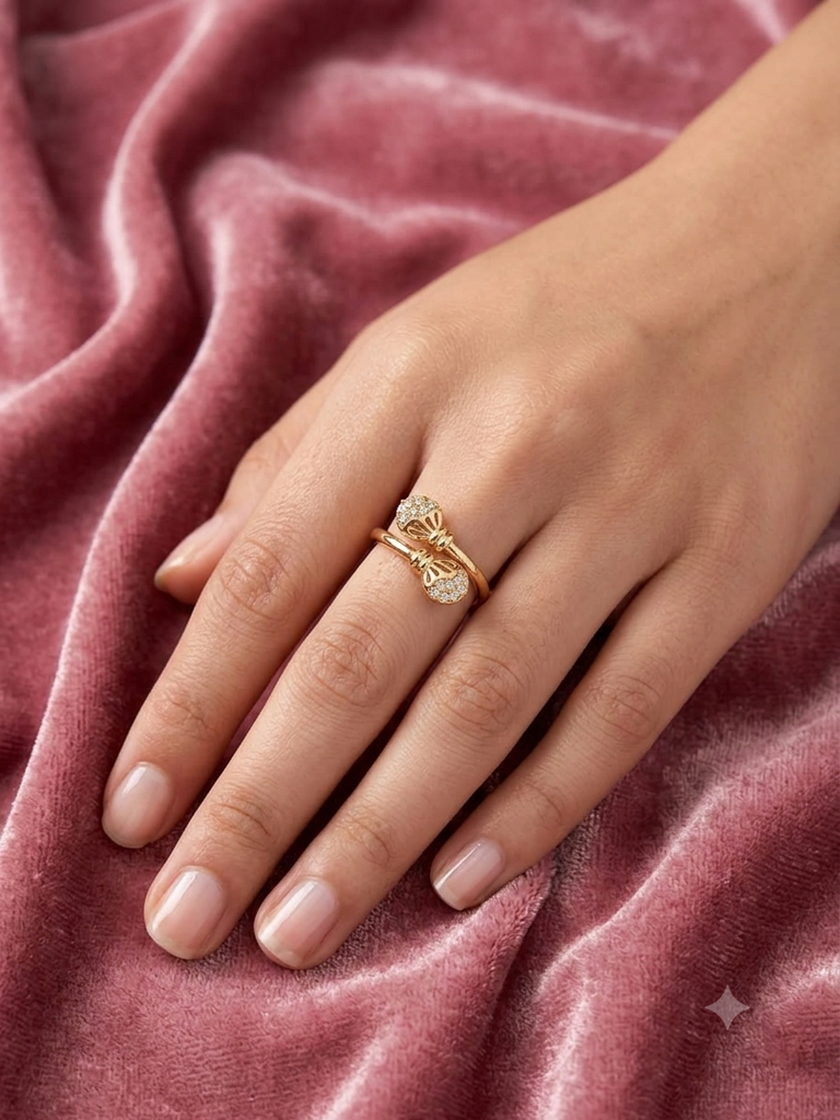 Cute Bow Gold-Plated Cubic Zirconia Ring For Women | Elegant Bowknot Statement Ring : AST-RIN-0100
