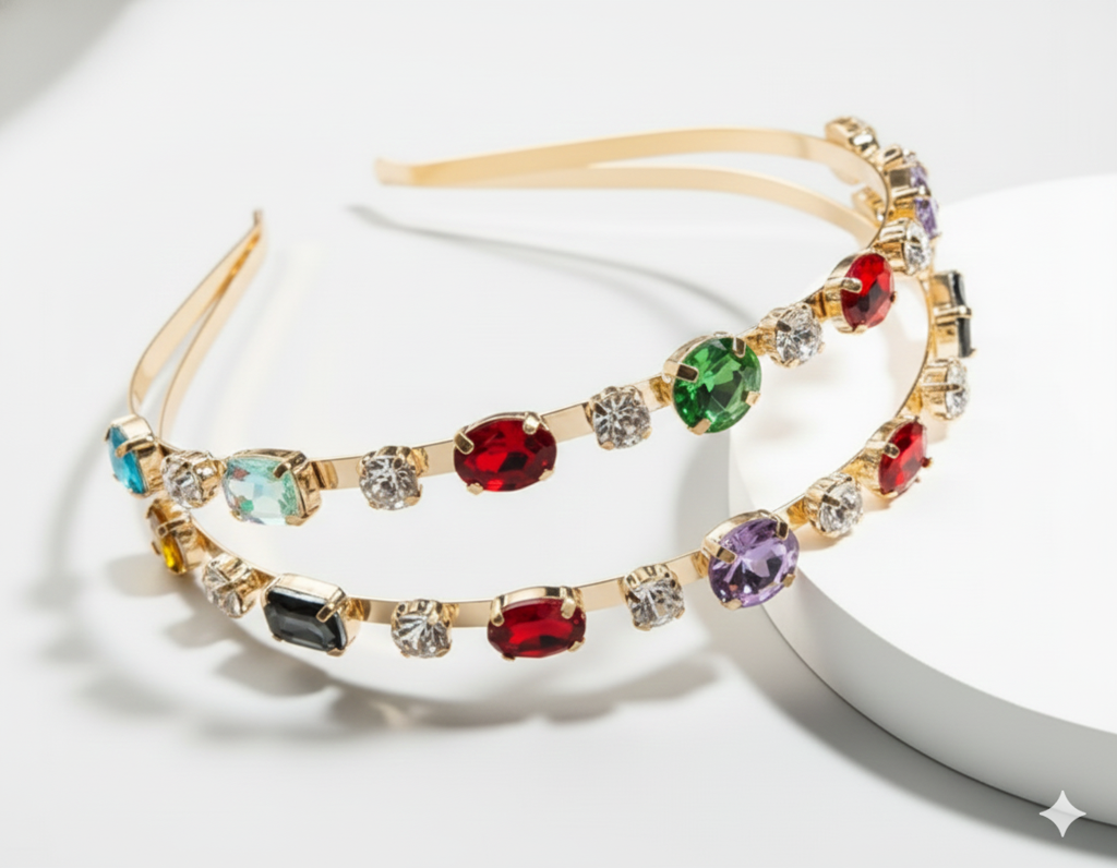 Gold Crystal Rhinestone Double Layer Hairband For Women | Elegant Wedding Party Headband With Multicolor Stones : M4SK-A13