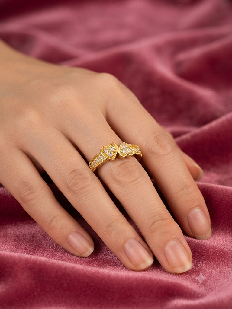 Twin Heart Gold-Plated Cz Ring For Women | Double Heart Couple Ring | Romantic Love Band : AST-RIN-0114