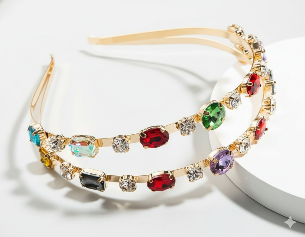 Gold Crystal Rhinestone Double Layer Hairband For Women | Elegant Wedding Party Headband With Multicolor Stones : M4SK-A13