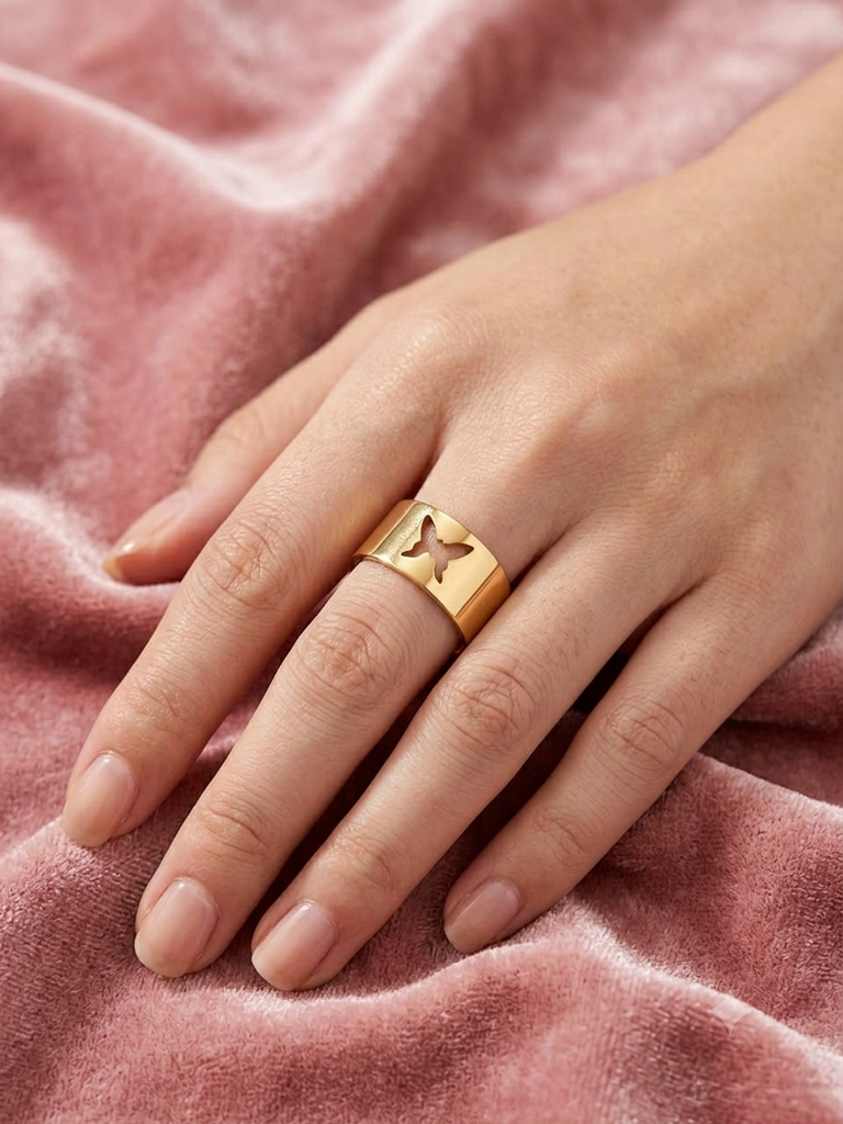 Minimalist Butterfly Gold-Plated Adjustable Ring For Women | Open Band Statement Ring : AST-RIN-0090