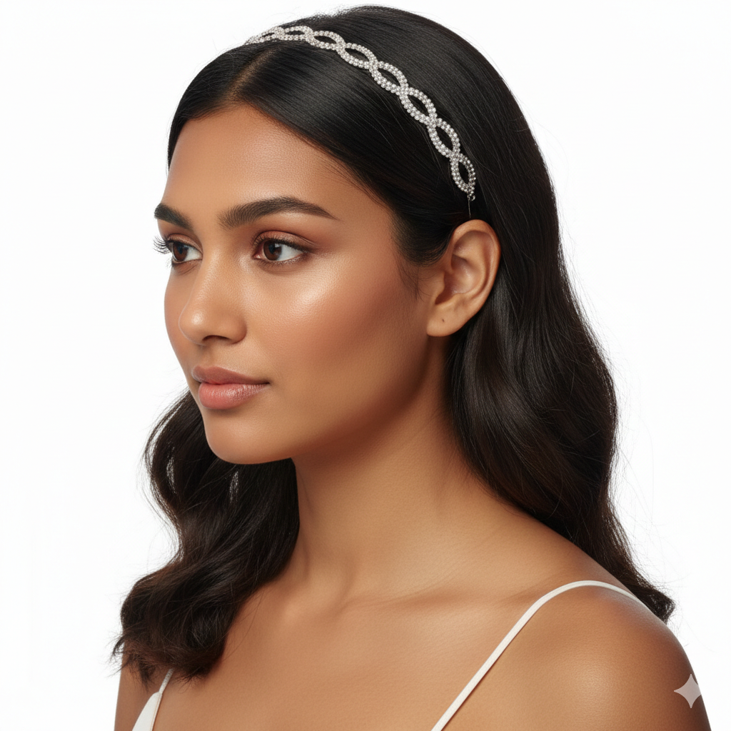 Crystal Bridal Hair Vine Headband For Women Elastic Rhinestone Wedding Forehead Band Elegant Party Wear Designer : M4SK-PT-EYE