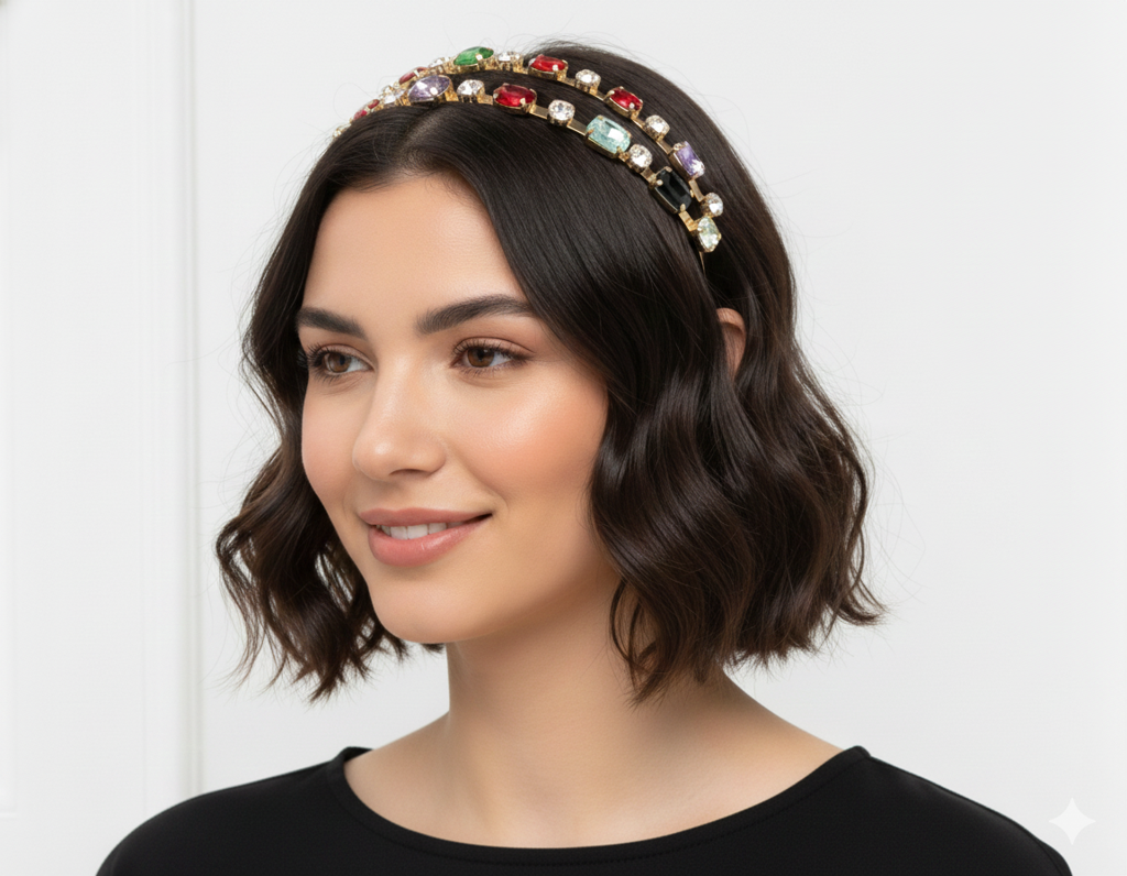 Gold Crystal Rhinestone Double Layer Hairband For Women | Elegant Wedding Party Headband With Multicolor Stones : M4SK-A13