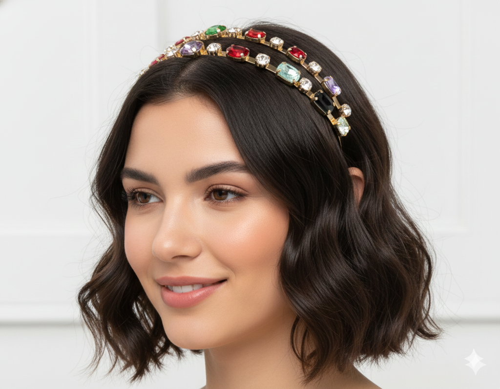 Gold Crystal Rhinestone Double Layer Hairband For Women | Elegant Wedding Party Headband With Multicolor Stones : M4SK-A13