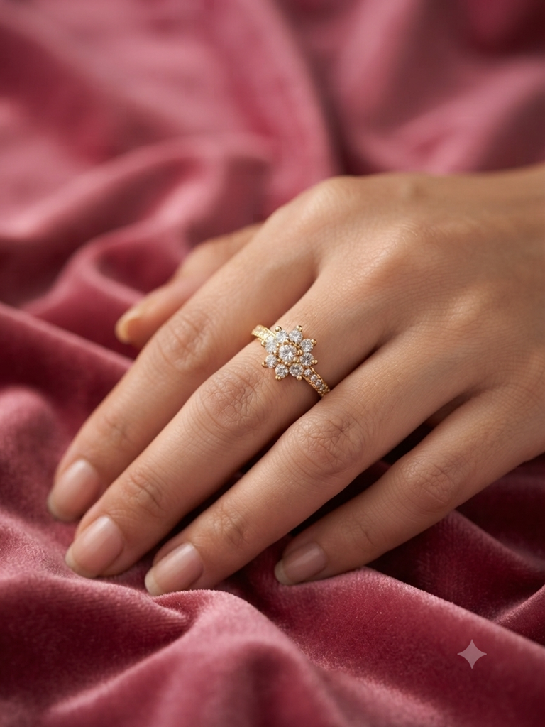 Floral Solitaire Gold-Plated Cz Ring For Women | Daisy Flower Cubic Zirconia Ring | Elegant Promise Ring : AST-RIN-0117