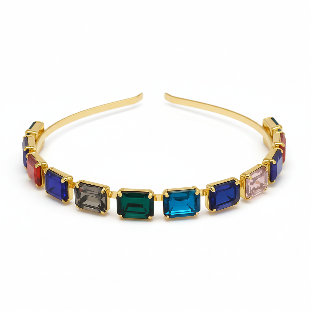 Gold Plated Multicolor Crystal Hairband For Women | Elegant Stone Studded Wedding Party Headband For Girls : M4SK-M1