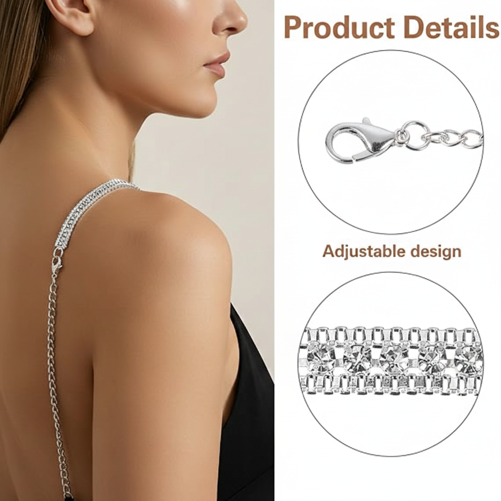 Silver Rhinestone Bra Straps - Sleek Crystal Diamond-Cut Replacement Straps For Women - Decorative Non-Sl : M4SK-CHAIN-STP-SIL