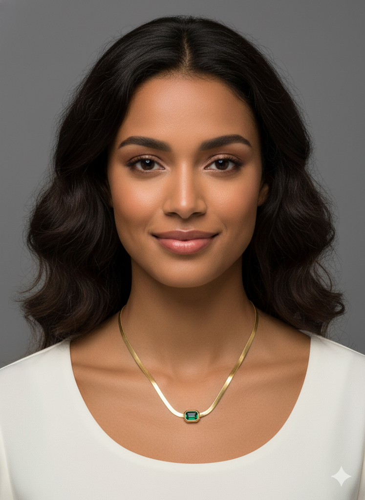 18K Gold Plated Green Emerald-Cut Cz Herringbone Chain Necklace : RJFSPN143