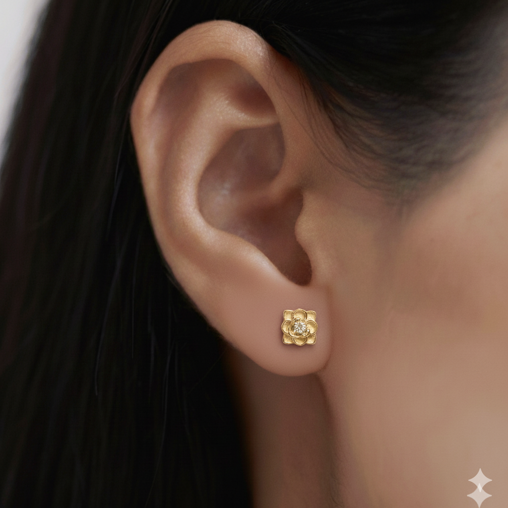 Rose Stud Earrings : ER-RS19-YG-CZ