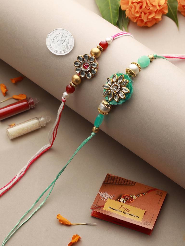 Set Of 2 Kundan & Pearl Beaded Rakhi With 10 Gram Shri Laxmi Round 999 Round Silver Coin : SJRK7052