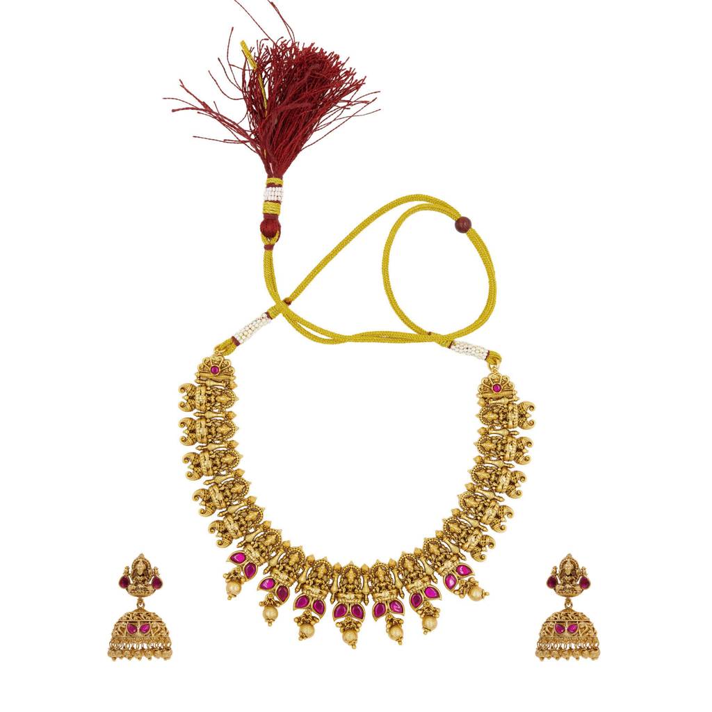 Heritage Temple Jewellery Short Necklace Set | Antique Gold Plated : J-43