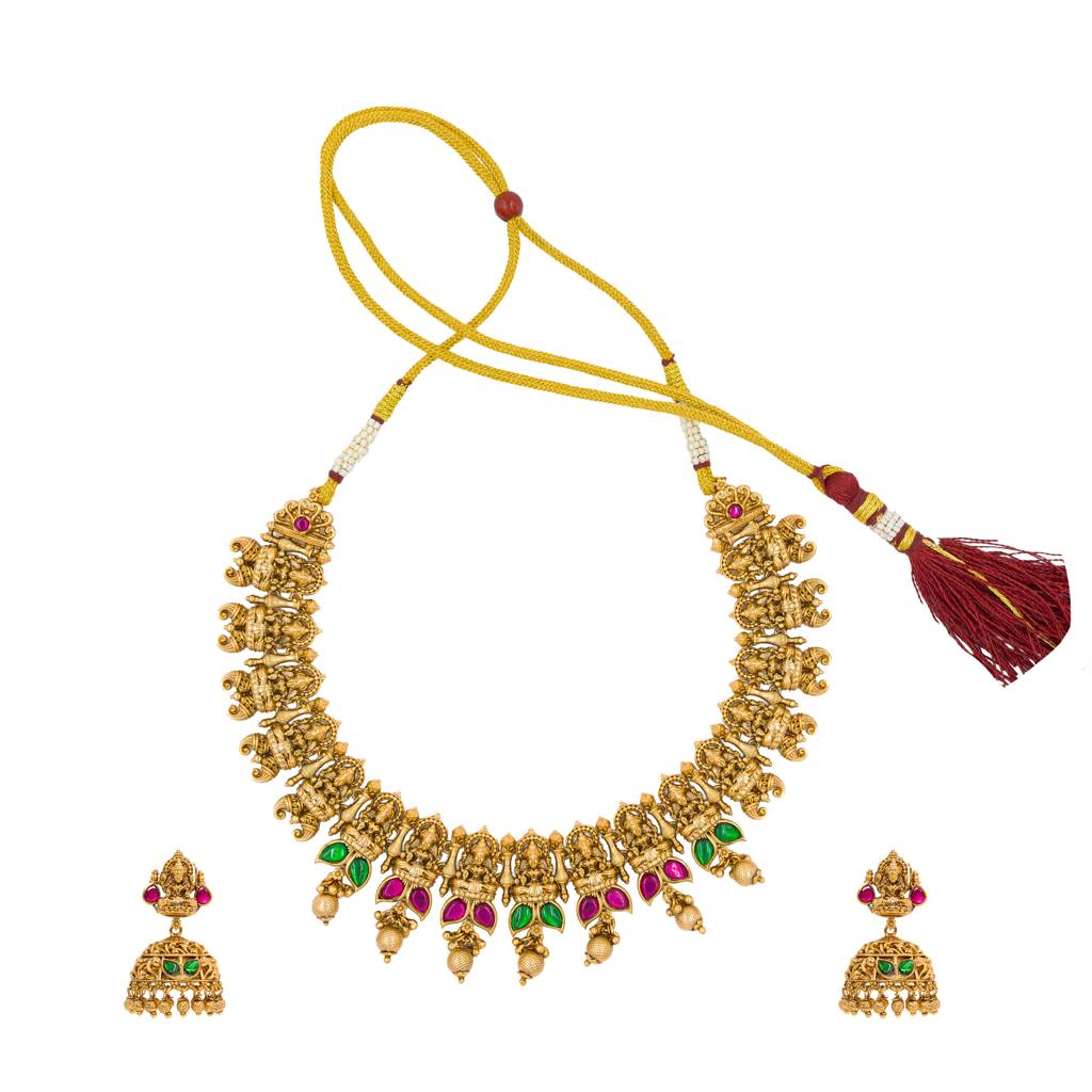 Heritage Temple Jewellery Short Necklace Set | Antique Gold Plated : J-43