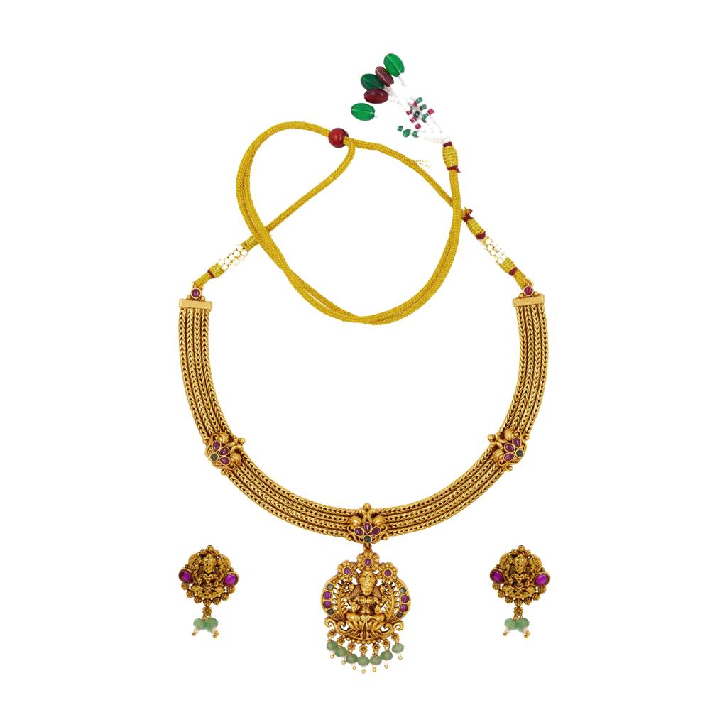 Antique Gold Plated Laxmi Temple Jewellery Short Necklace | Premium Festive Wear : T-30