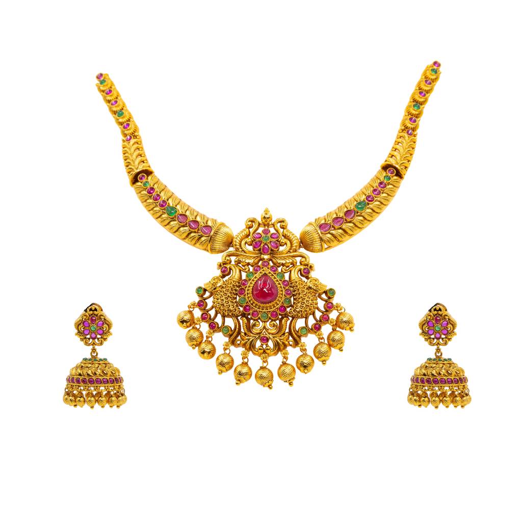 Sacred Temple Jewellery Short Necklace Set | Bridal Gold Plated : K-1048