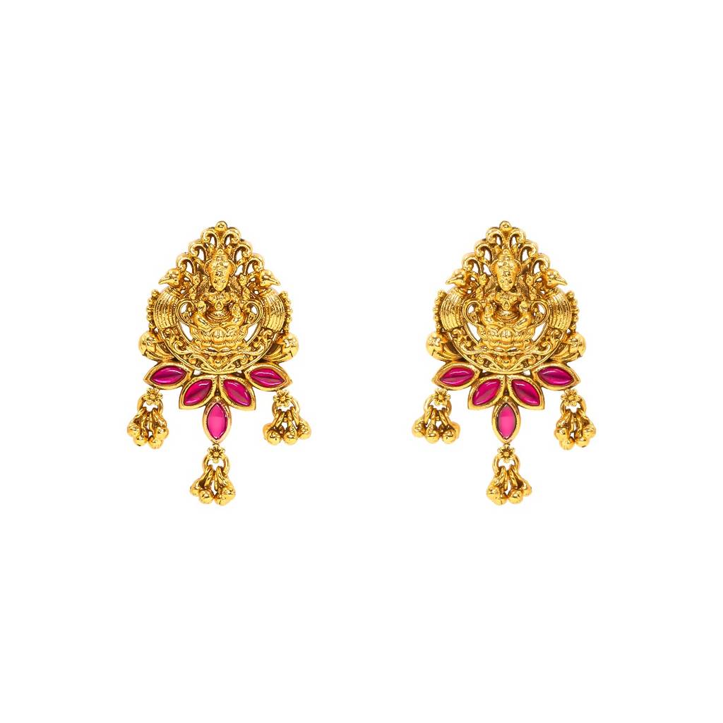 Heritage Laxmi Carved Earrings | Premium Antique Gold Plated Temple Style : V-1657