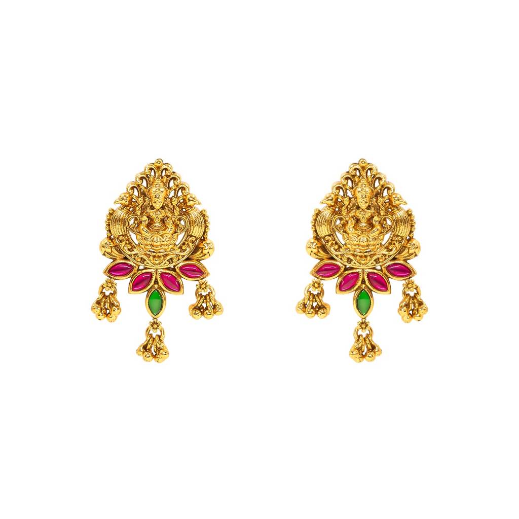 Heritage Laxmi Carved Earrings | Premium Antique Gold Plated Temple Style : V-1657