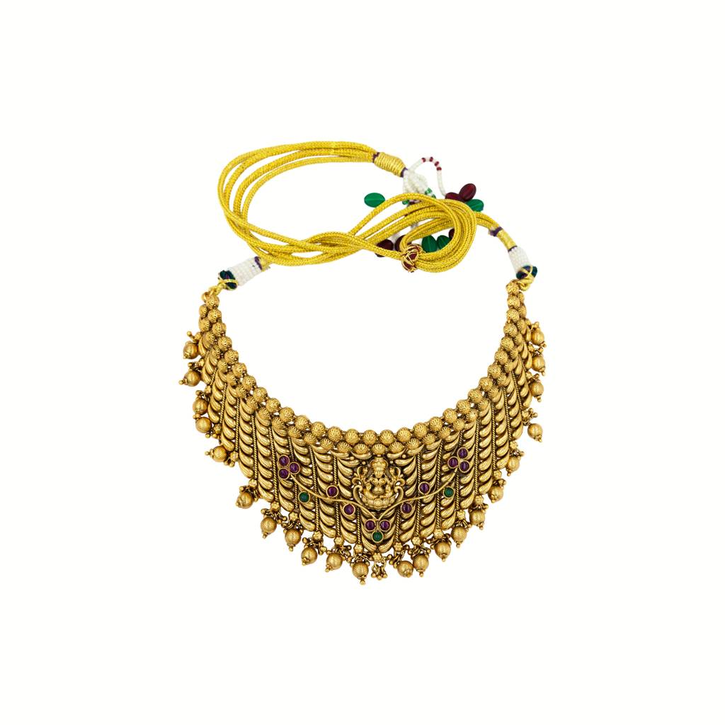Divine Laxmi Temple Jewellery Choker Set | Antique Gold Plated Bridal Design : N-778