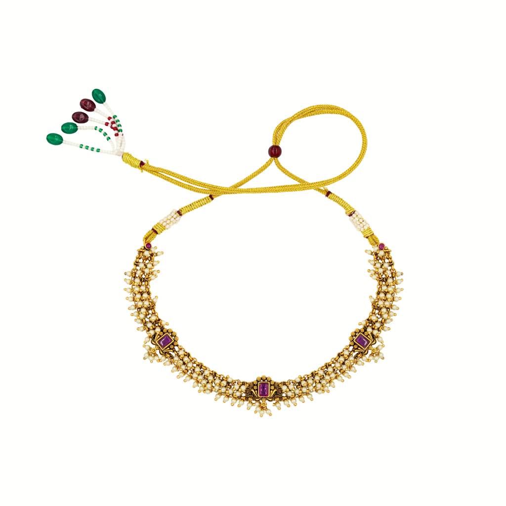 Antique Gold Plated Laxmi Temple Jewellery Short Necklace Set | Contemporary Bridal : T-37