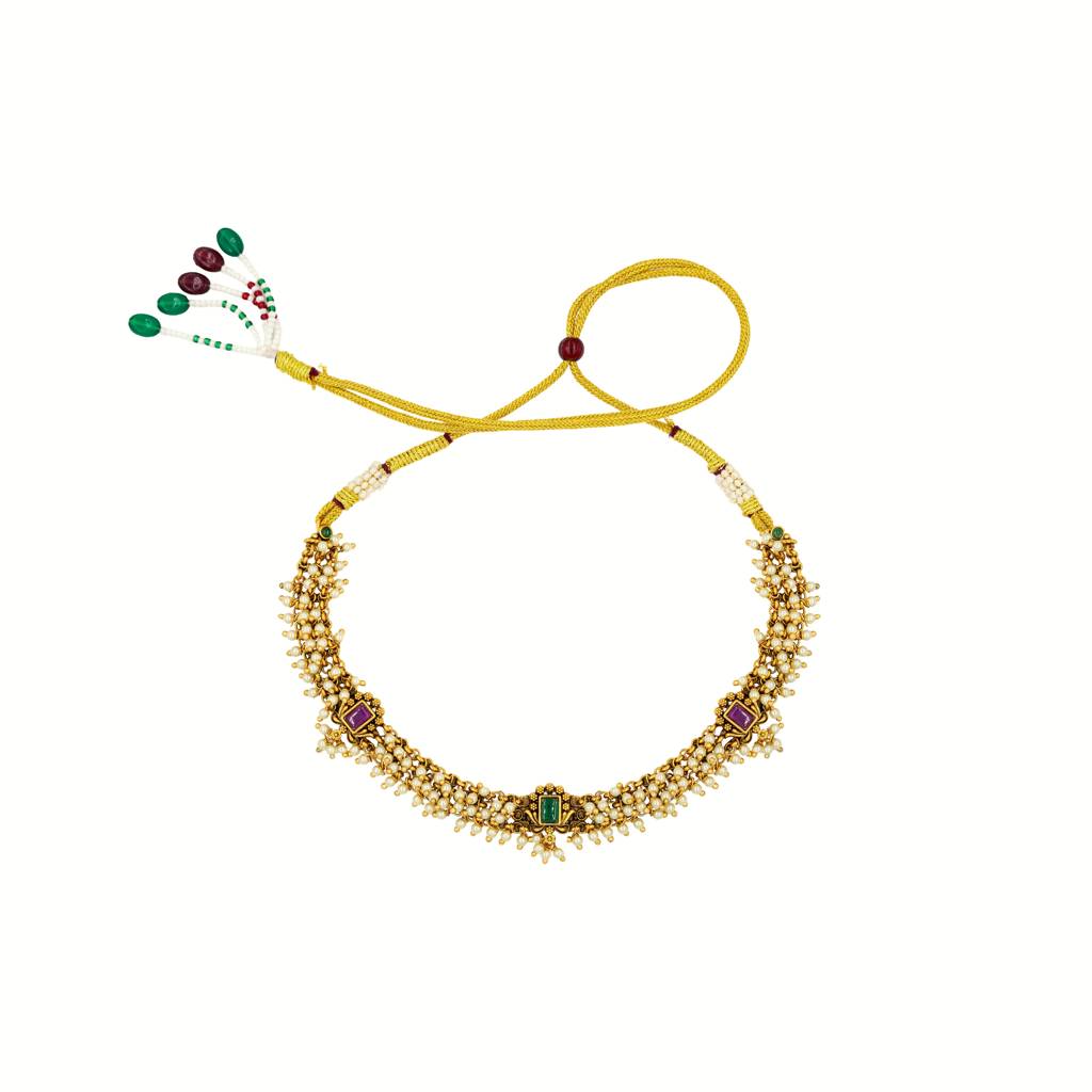 Antique Gold Plated Laxmi Temple Jewellery Short Necklace Set | Contemporary Bridal : T-37