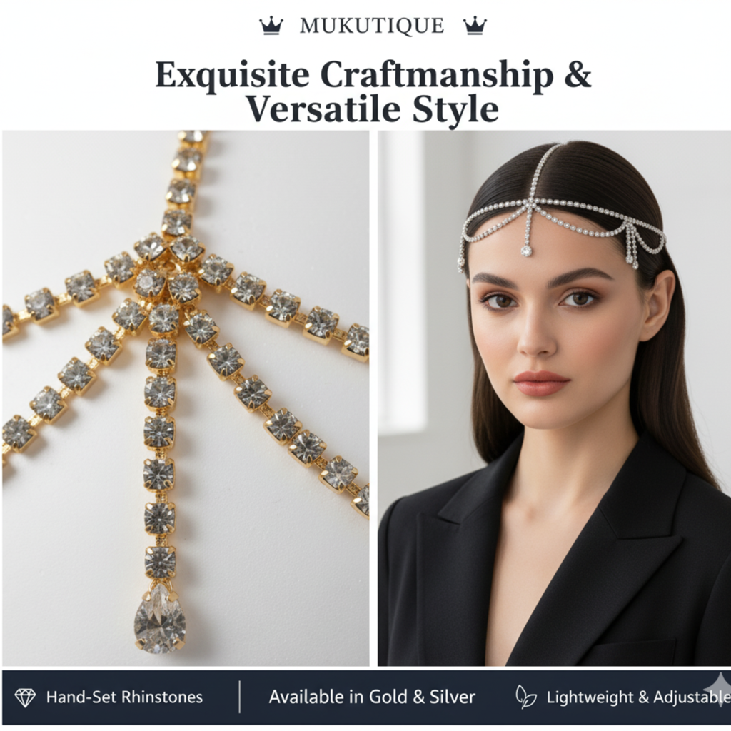 Gold Crystal Bridal Head Chain For Women – Wedding Rhinestone Matha Patti Hair Jewelry Headpiece : M4SK-005-GOLD