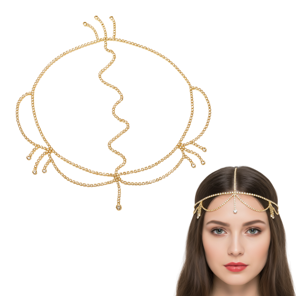 Gold Crystal Bridal Head Chain For Women – Wedding Rhinestone Matha Patti Hair Jewelry Headpiece : M4SK-005-GOLD