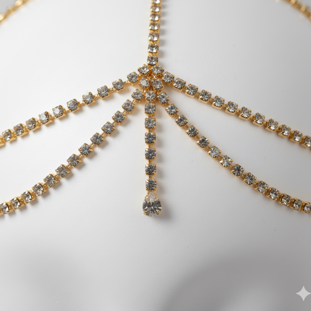 Gold Crystal Bridal Head Chain For Women – Wedding Rhinestone Matha Patti Hair Jewelry Headpiece : M4SK-005-GOLD