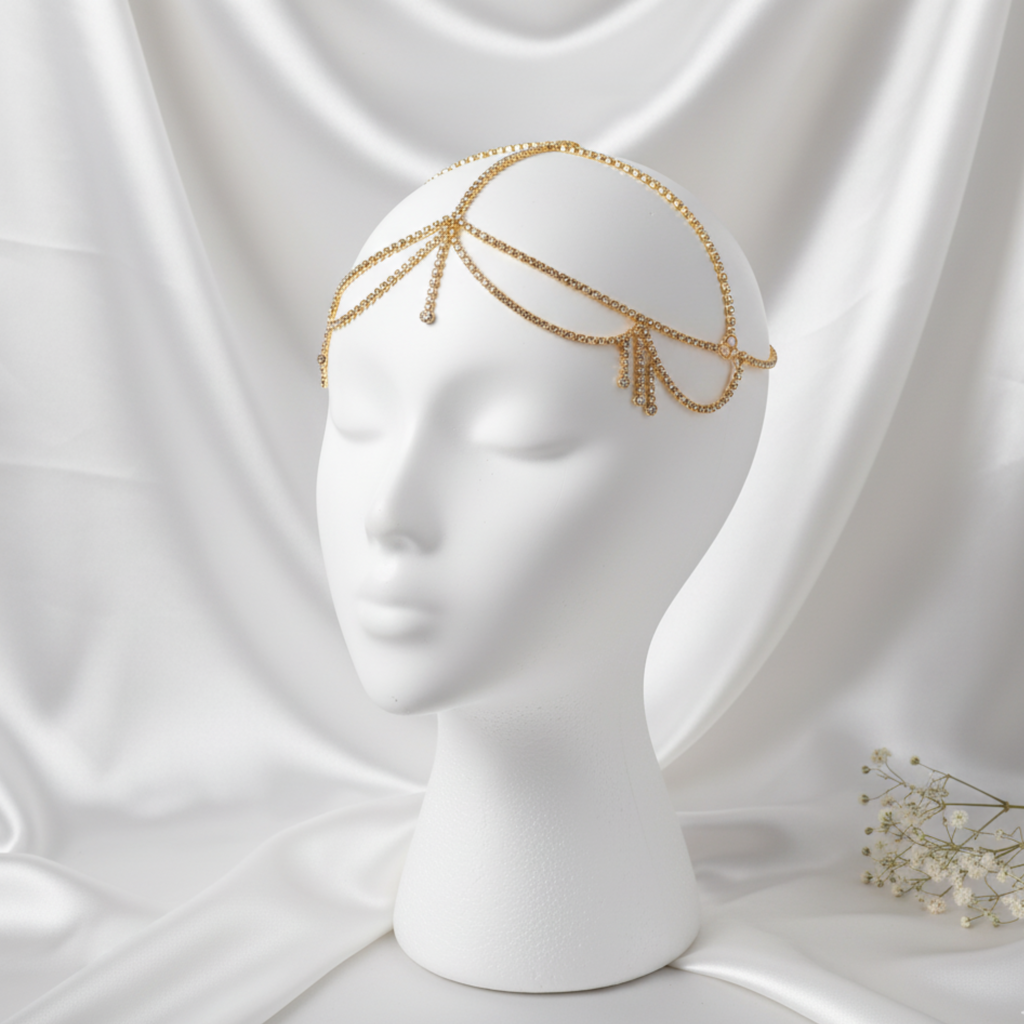 Gold Crystal Bridal Head Chain For Women – Wedding Rhinestone Matha Patti Hair Jewelry Headpiece : M4SK-005-GOLD