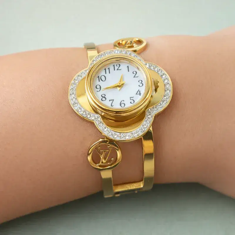 Crystal Clover Gold Plated Women'S Bracelet Watch | Luxury Designer Bangle Watch For Women : AST-BRA-0083