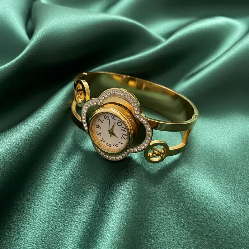 Crystal Clover Gold Plated Women'S Bracelet Watch | Luxury Designer Bangle Watch For Women : AST-BRA-0083