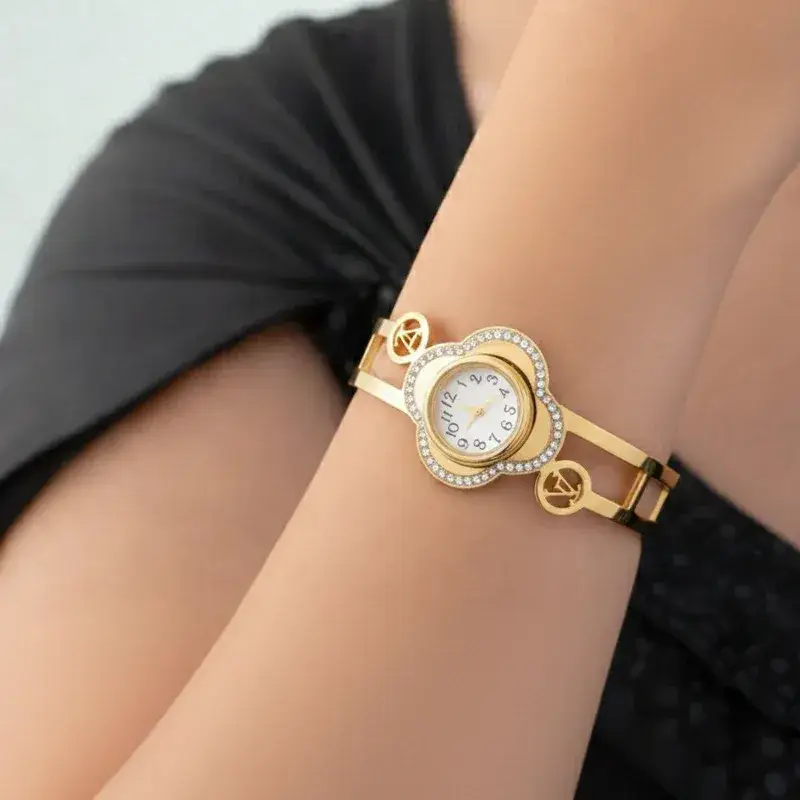 Crystal Clover Gold Plated Women'S Bracelet Watch | Luxury Designer Bangle Watch For Women : AST-BRA-0083