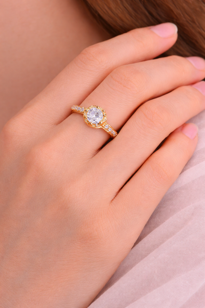 White Stone Gold Plated Ring For Women – Floral Design Engagement & Promise Ring |18K Gold Plated Stainless Ste : GP-ESUE-S4HK