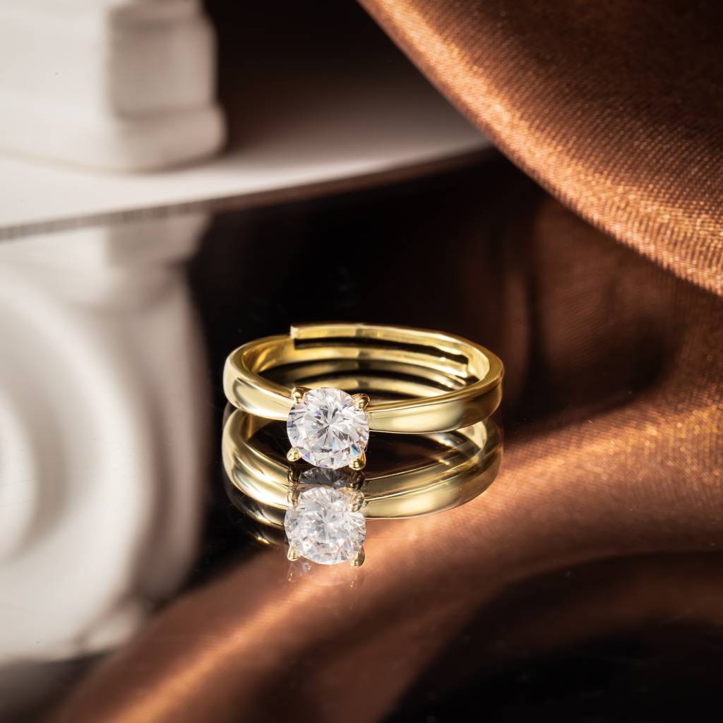 925 Sterling Silver Gold Plated Solitaire Ring,Adjustable I Gifts For Women  And Girls Sterling Silver Adjustable Transparent