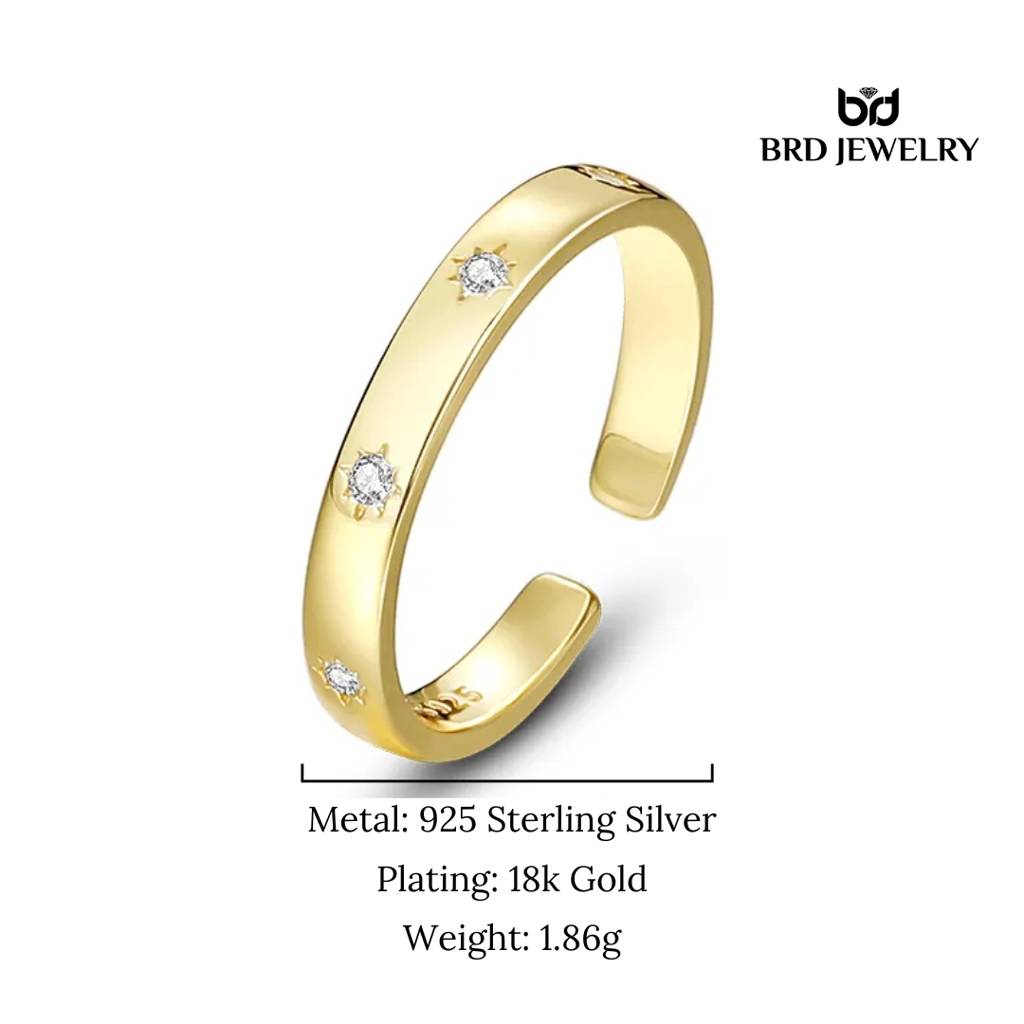 Brd Jewelry Gold Plated Star Cz Silver Band Ring, Zircon Adjustable Silver Ring For Women & Girls : B0DQTMCZLH