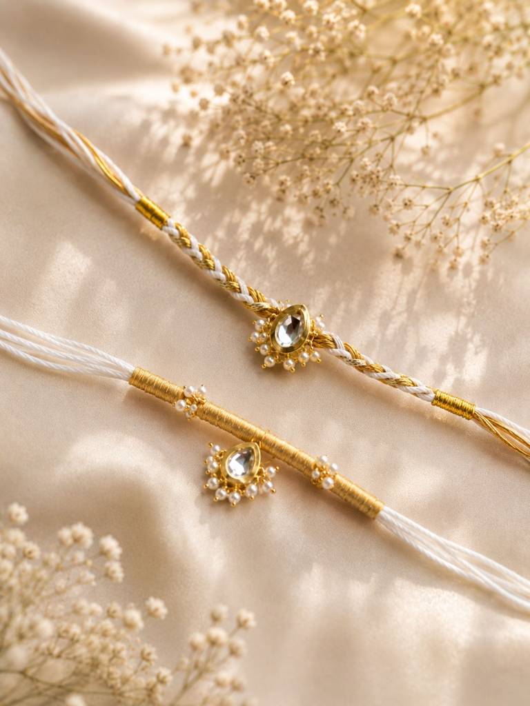 Bhaiya Bhabhi Rakhi Set Elegant Kundan Pearls Design For Raksha, Set Of 2 Kundan Rakhi : GPAAJSRAAKHIC01