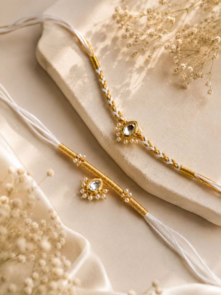 Bhaiya Bhabhi Rakhi Set Elegant Kundan Pearls Design For Raksha, Set Of 2 Kundan Rakhi : GPAAJSRAAKHIC01