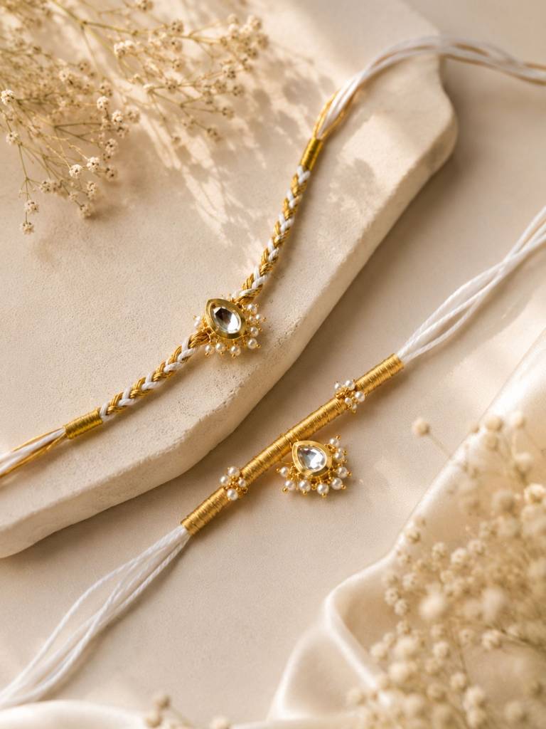 Bhaiya Bhabhi Rakhi Set Elegant Kundan Pearls Design For Raksha, Set Of 2 Kundan Rakhi : GPAAJSRAAKHIC01