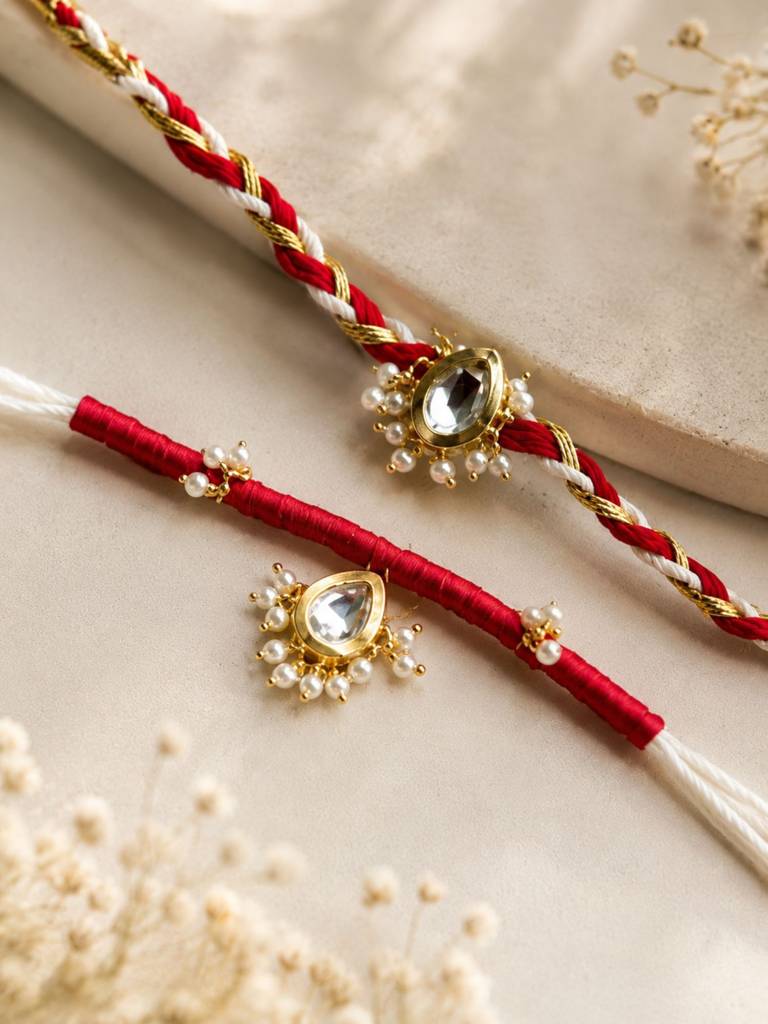 Bhaiya Bhabhi Rakhi Set | Elegant Kundan Pearls Design For Raksha | Set Of 2 Kundan Rakhi : GPAAJSRAAKHIC02