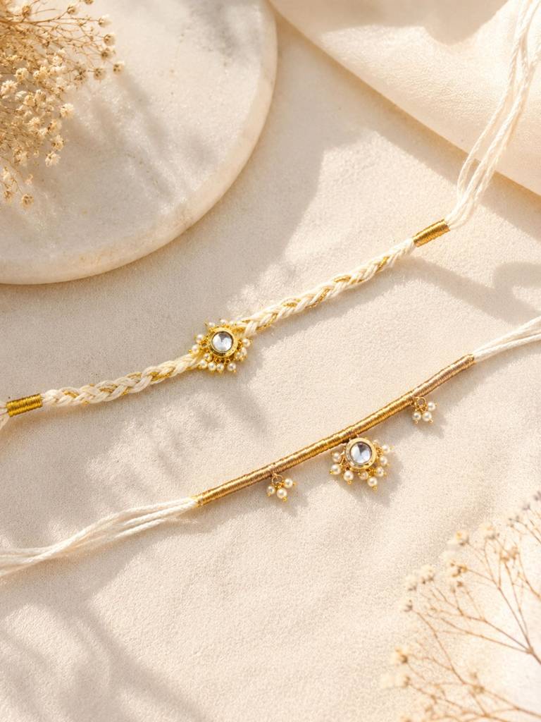 Bhaiya Bhabhi Rakhi Set || Elegant Kundan Pearls Design For Raksha, || Set Of 2 Kundan Rakhi : GPAAJSRAAKHIC04