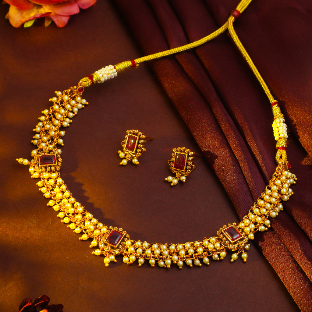 Antique Gold Plated Laxmi Temple Jewellery Short Necklace Set | Contemporary Bridal : T-37