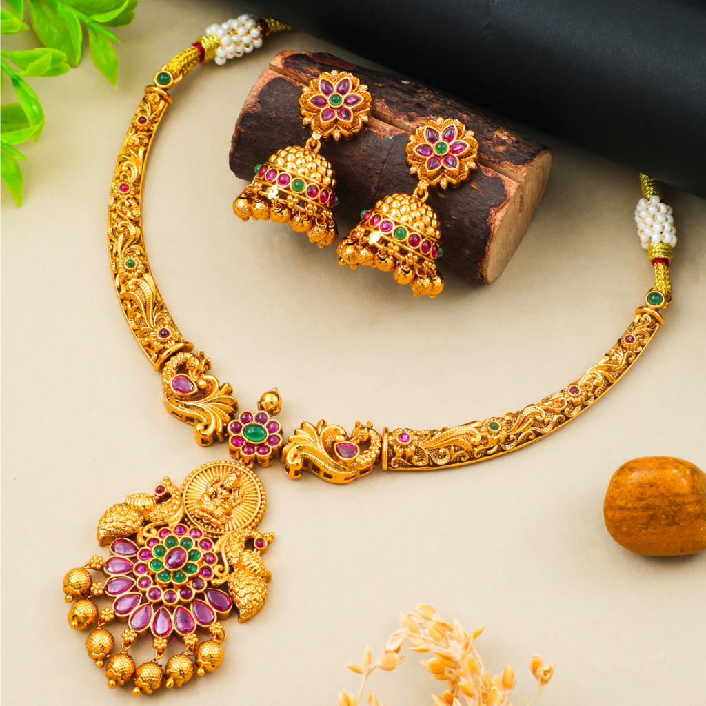 Divine Temple Jewellery Short Necklace Set | Traditional Gold Plated : K-1063