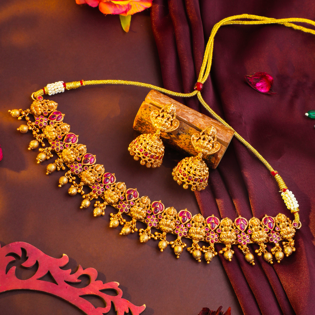 Royal Temple Jewellery Short Necklace Set | Premium Antique Finish : K-1059