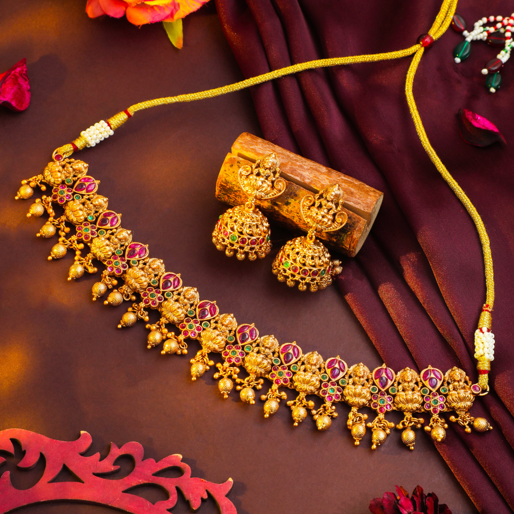 Royal Temple Jewellery Short Necklace Set | Premium Antique Finish : K-1059