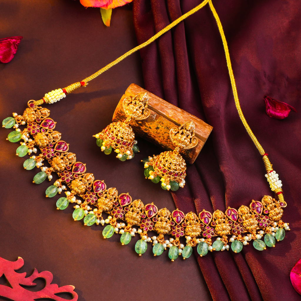 Royal Temple Jewellery Short Necklace Set | Premium Antique Finish : K-1059