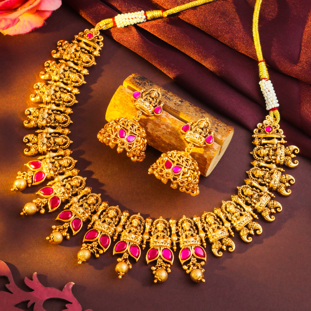 Heritage Temple Jewellery Short Necklace Set | Antique Gold Plated : J-43