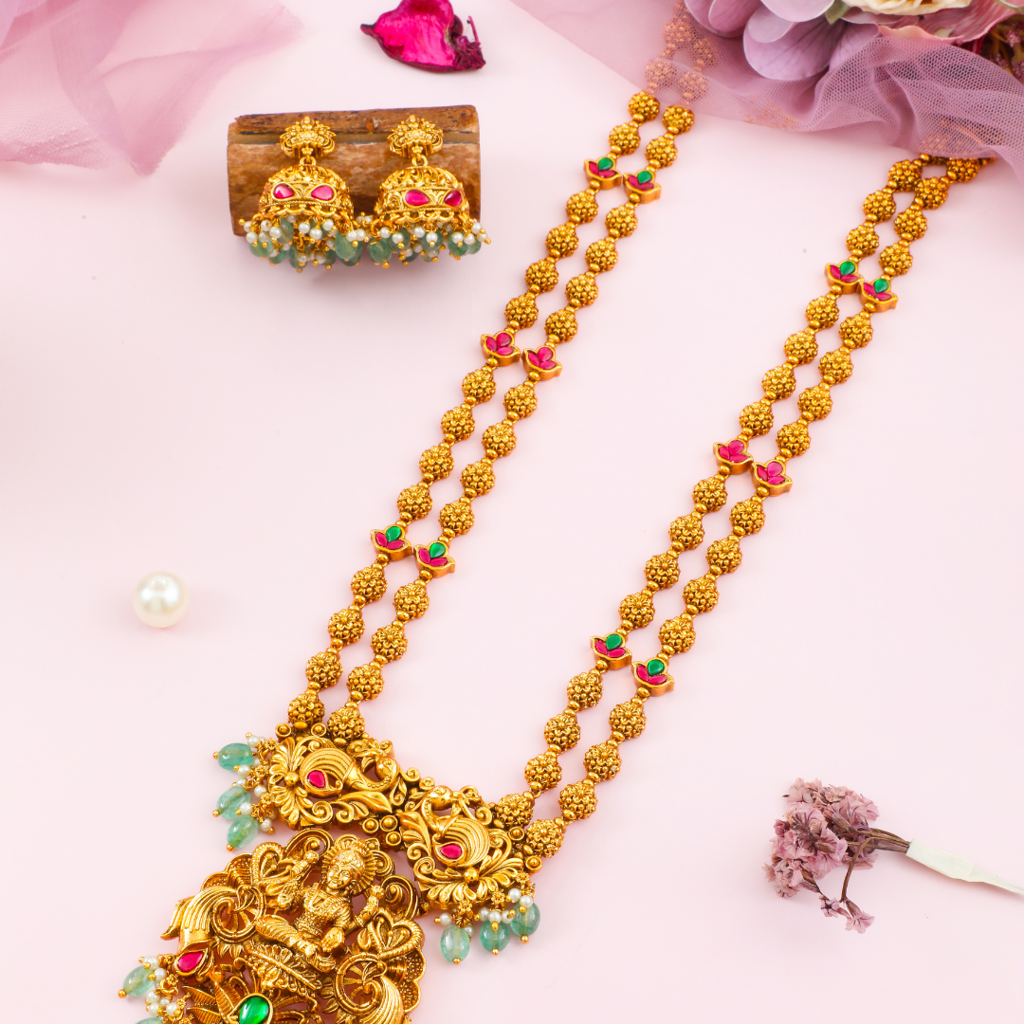 Divine Laxmi Temple Jewellery Pendant Set | Antique Gold Plated Traditional Design : J-75