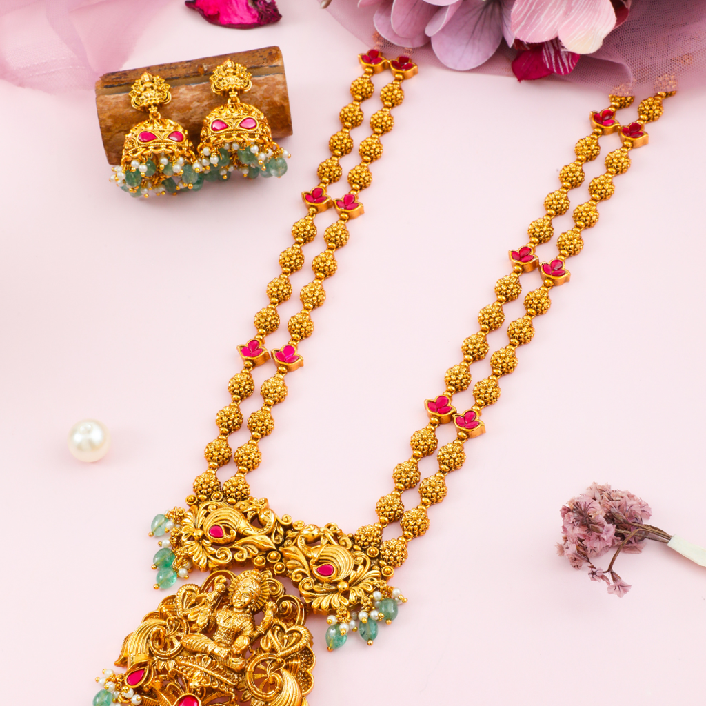 Divine Laxmi Temple Jewellery Pendant Set | Antique Gold Plated Traditional Design : J-75