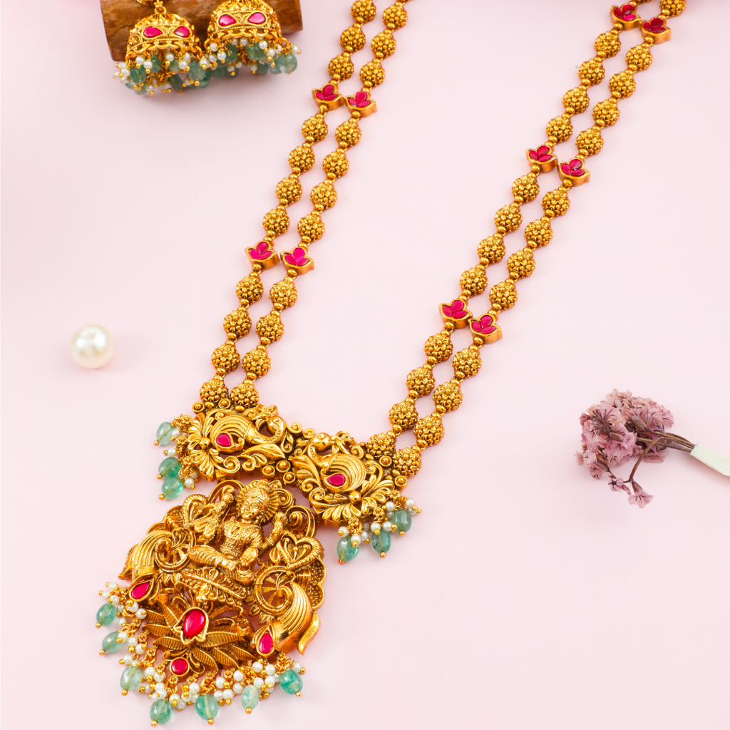 Divine Laxmi Temple Jewellery Pendant Set | Antique Gold Plated Traditional Design : J-75