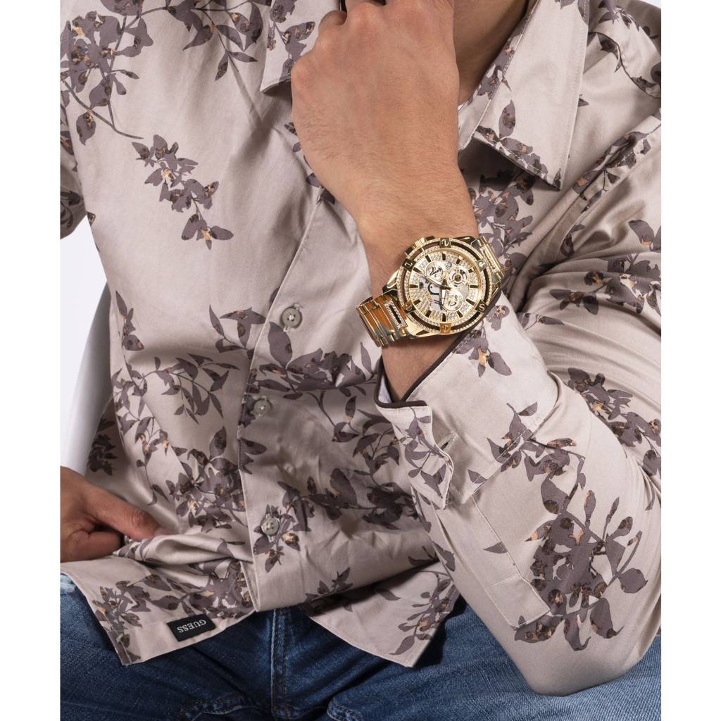 Guess Round 48Mm Champagne Dial Analog Men Watch - Gw0497G2 : GW0497G2